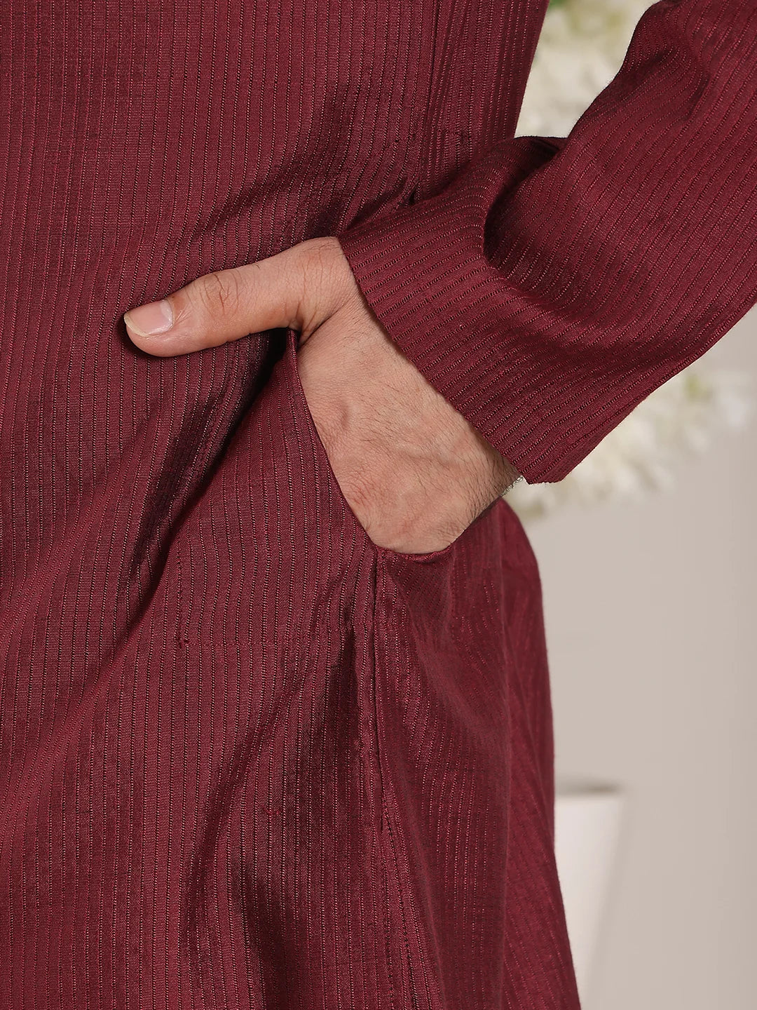 Men's Maroon Straight Viscose Silk Kurta with Textured Effect,Cream Solid Trouser Style churidar