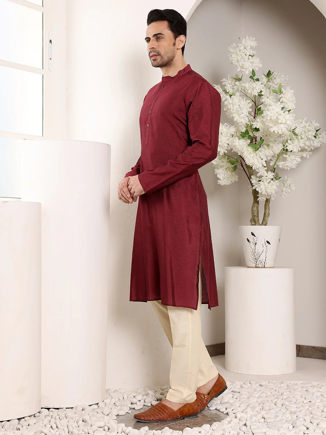 Men's Maroon Straight Viscose Silk Kurta with Textured Effect,Cream Solid Trouser Style churidar