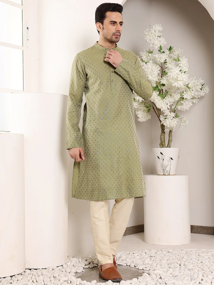 Men's Green Straight Viscose Silk kurta with Textured Effect,Cream solid trouser style churidar
