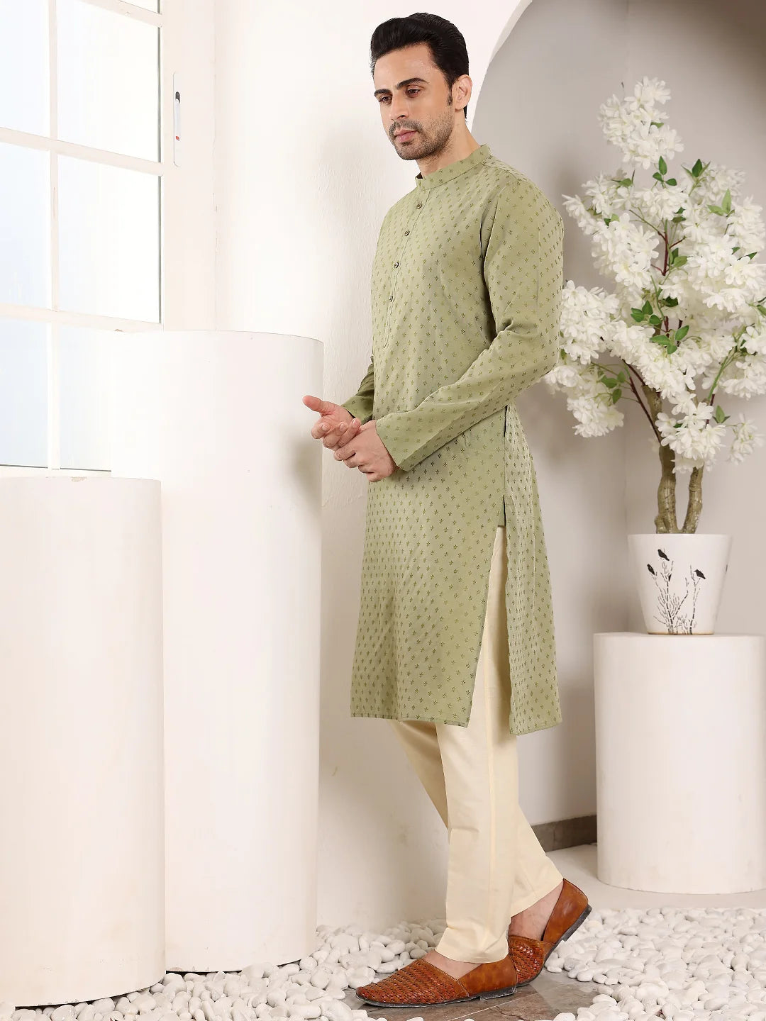 Men's Green Straight Viscose Silk kurta with Textured Effect,Cream solid trouser style churidar