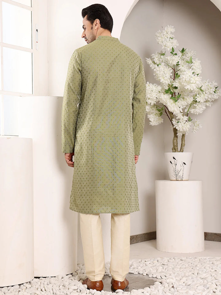 Men's Green Straight Viscose Silk kurta with Textured Effect,Cream solid trouser style churidar