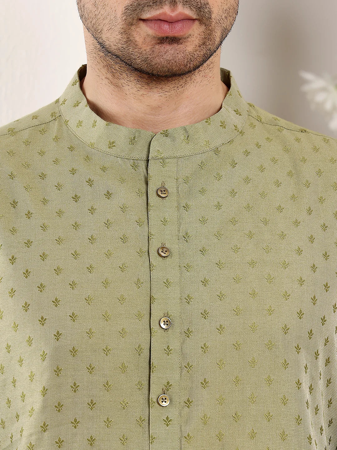 Men's Green Straight Viscose Silk kurta with Textured Effect,Cream solid trouser style churidar