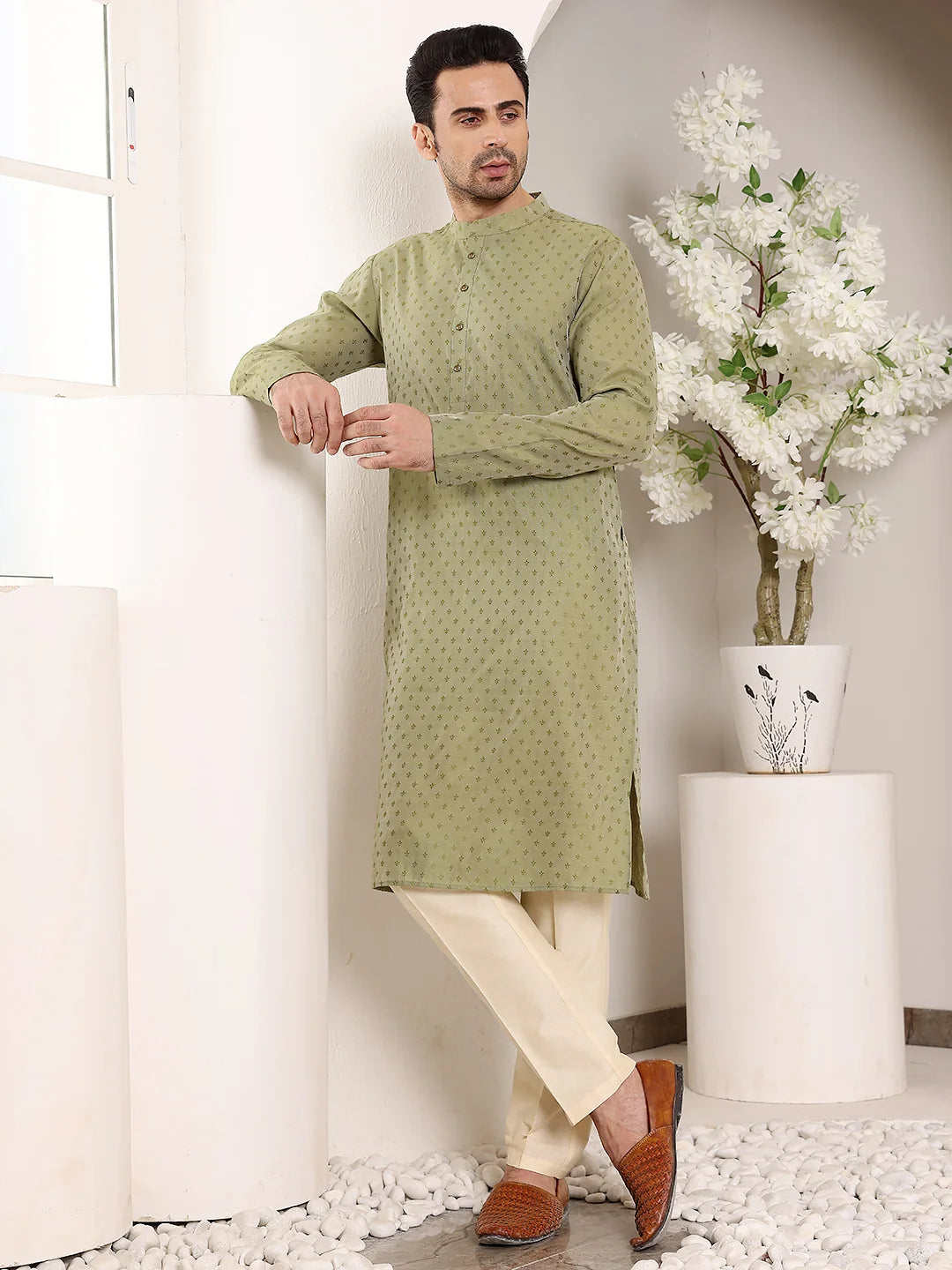 Men's Green Straight Viscose Silk kurta with Textured Effect,Cream solid trouser style churidar