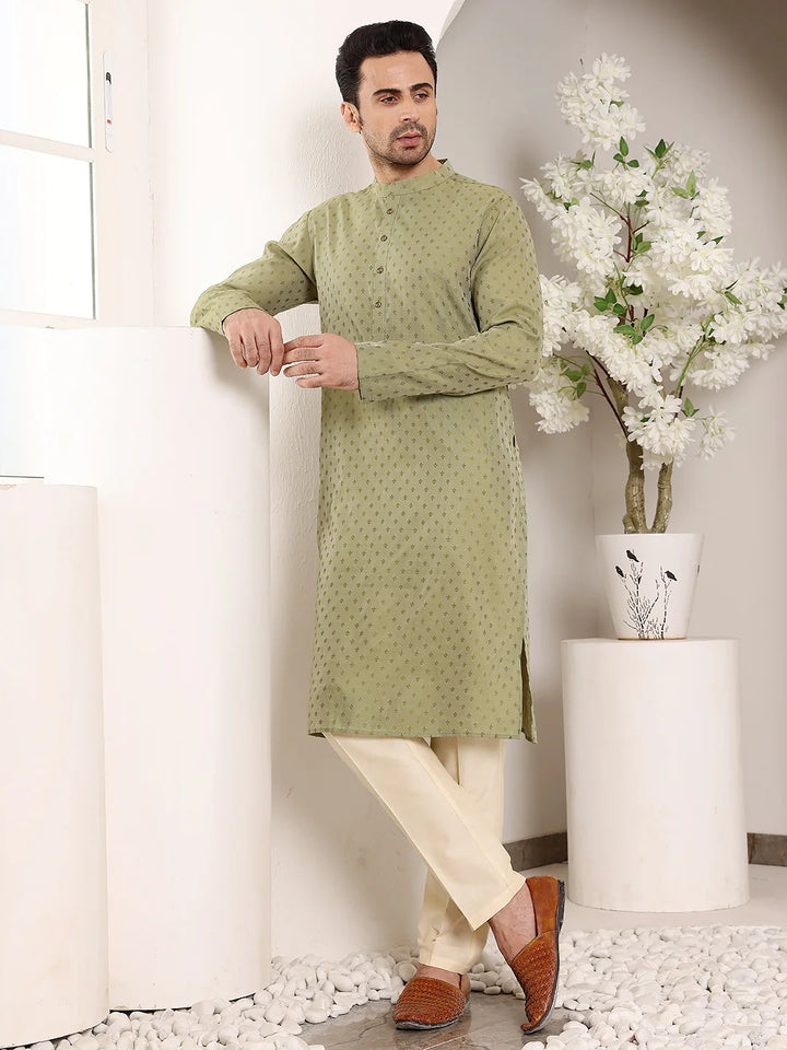 Men's Green Straight Viscose Silk kurta with Textured Effect,Cream solid trouser style churidar