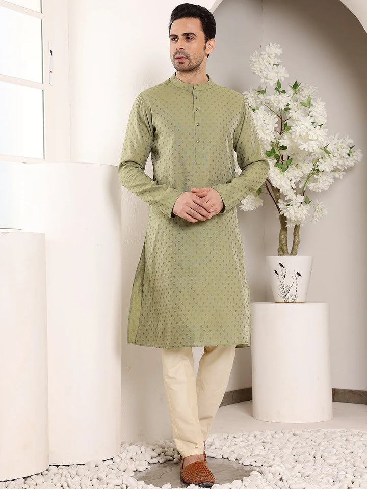 Men's Green Straight Viscose Silk kurta with Textured Effect,Cream solid trouser style churidar