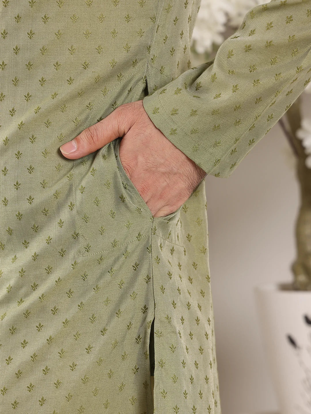 Men's Green Straight Viscose Silk kurta with Textured Effect,Cream solid trouser style churidar