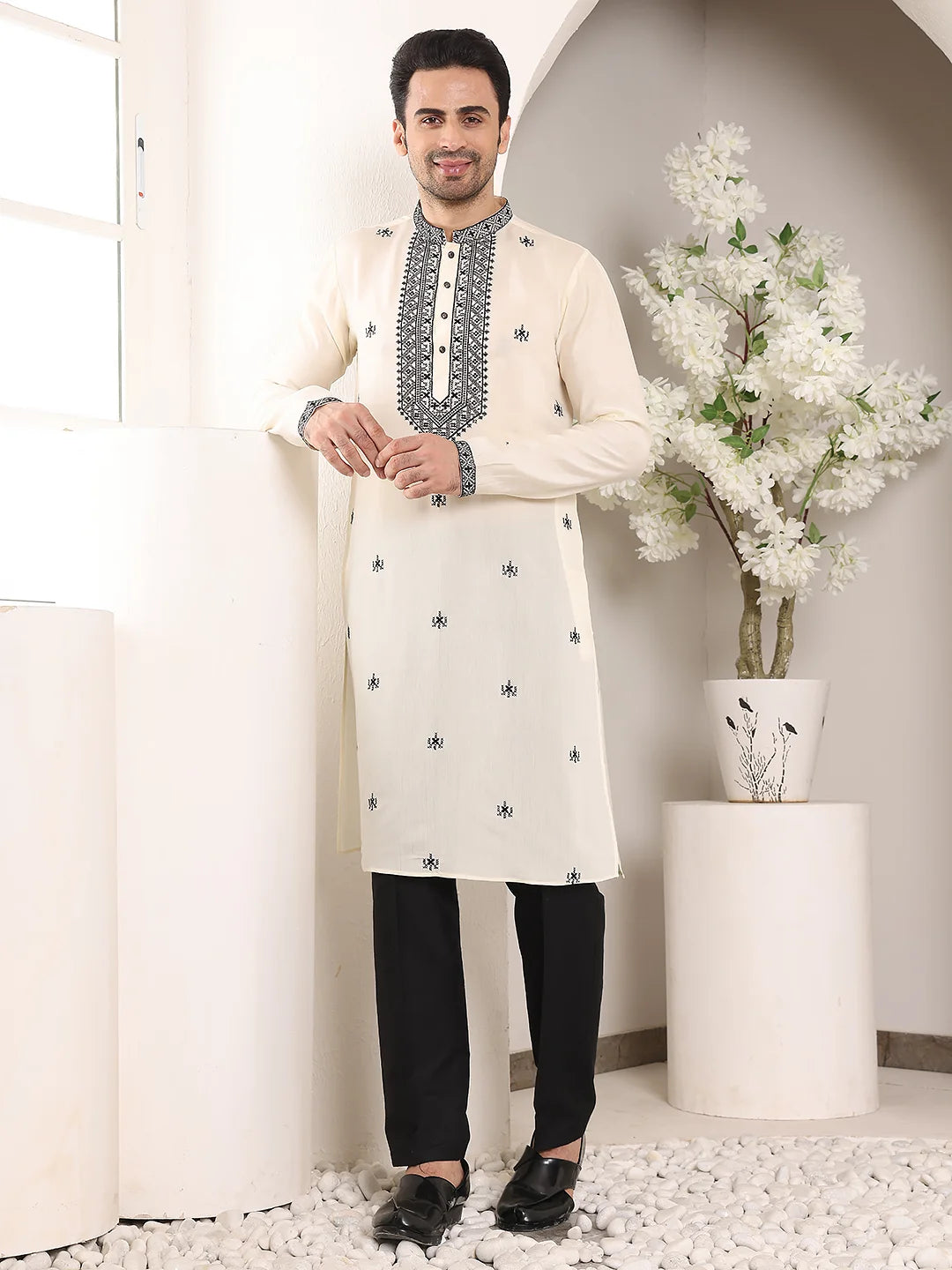 Men's White Straight Viscose Silk Kurta with Embroidered Neckline and Motifs,Black Solid Trouser Style churidar