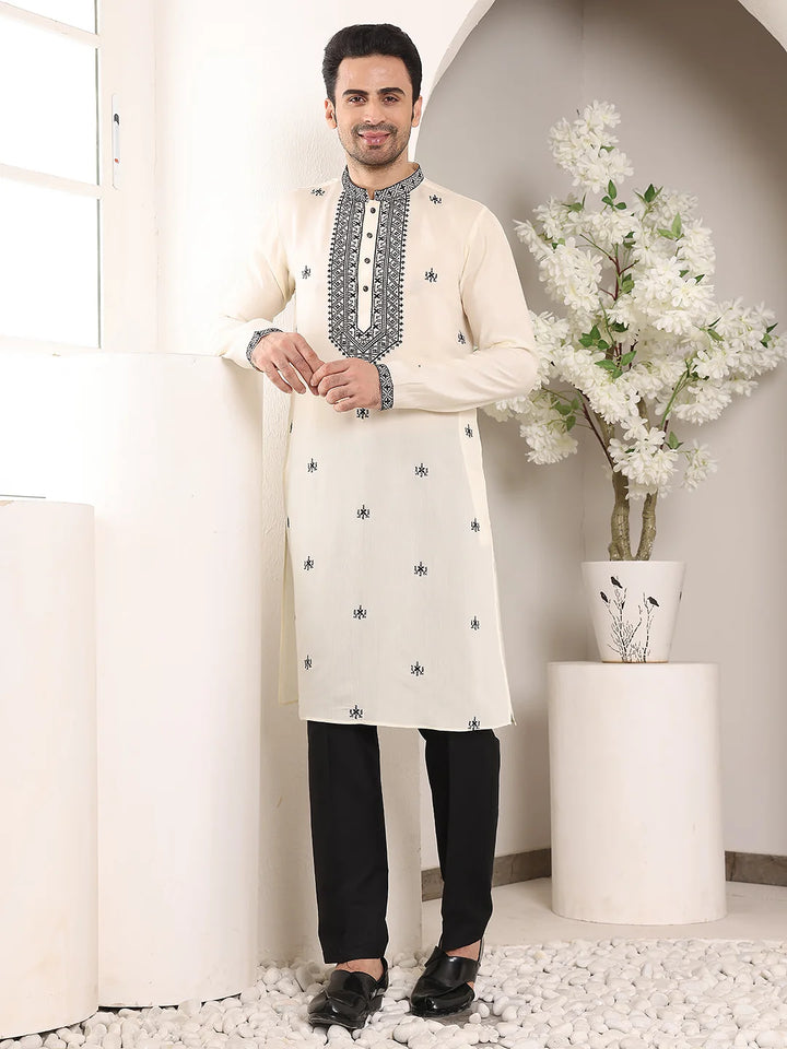 Men's White Straight Viscose Silk Kurta with Embroidered Neckline and Motifs,Black Solid Trouser Style churidar