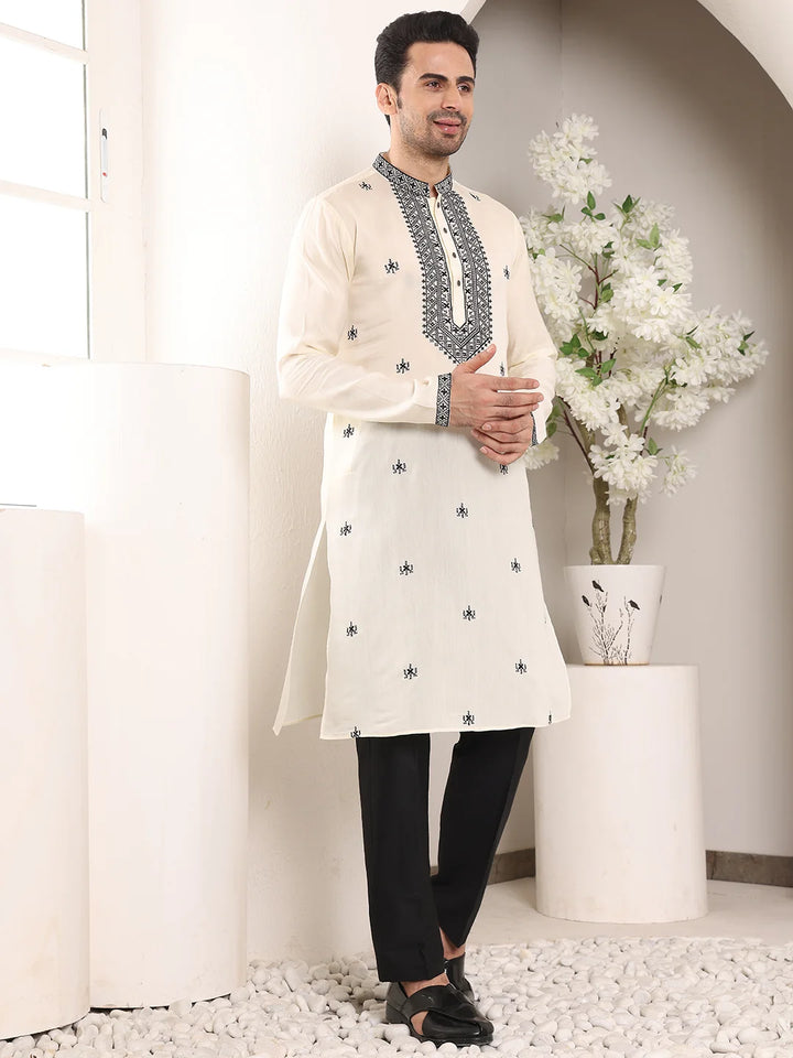 Men's White Straight Viscose Silk Kurta with Embroidered Neckline and Motifs,Black Solid Trouser Style churidar