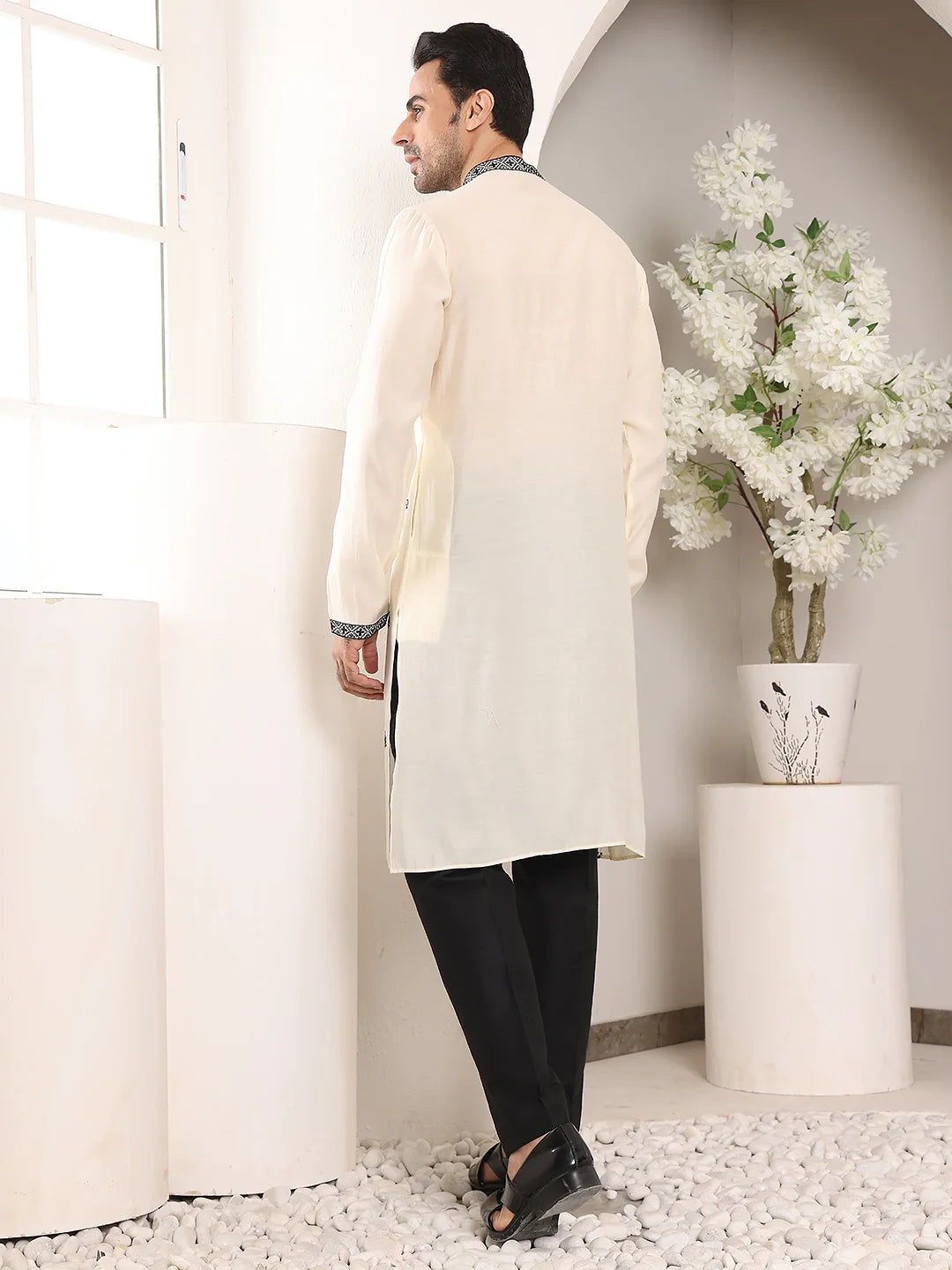 Men's White Straight Viscose Silk Kurta with Embroidered Neckline and Motifs,Black Solid Trouser Style churidar