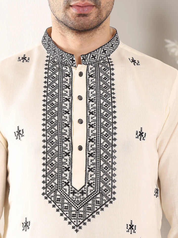 Men's White Straight Viscose Silk Kurta with Embroidered Neckline and Motifs,Black Solid Trouser Style churidar