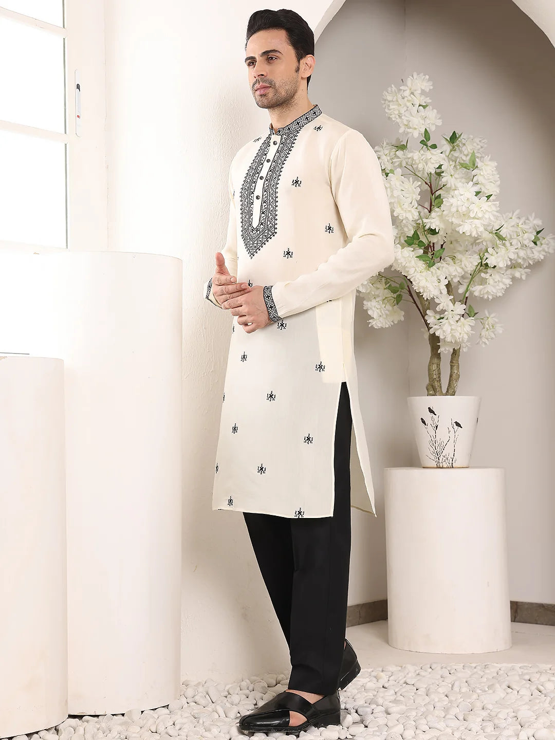 Men's White Straight Viscose Silk Kurta with Embroidered Neckline and Motifs,Black Solid Trouser Style churidar