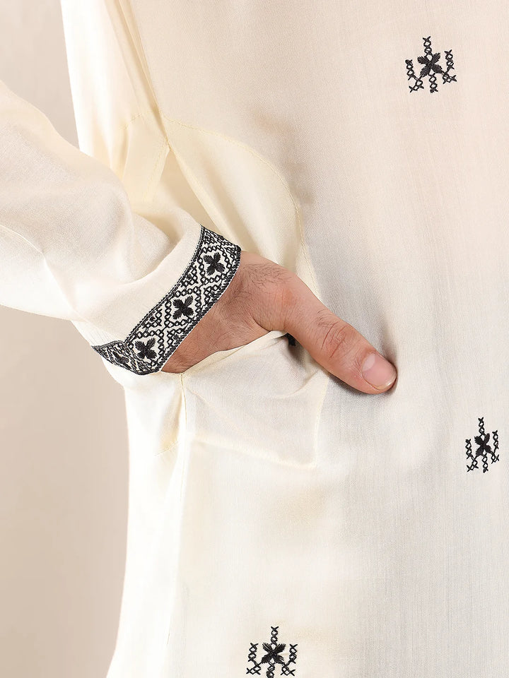Men's White Straight Viscose Silk Kurta with Embroidered Neckline and Motifs,Black Solid Trouser Style churidar