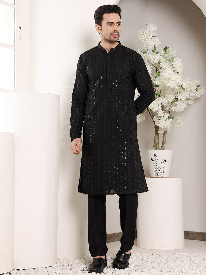 Men's Long Sleeve Mandarin Collar Elegant Black Straight Viscose Silk Kurta with Embroidery – Black