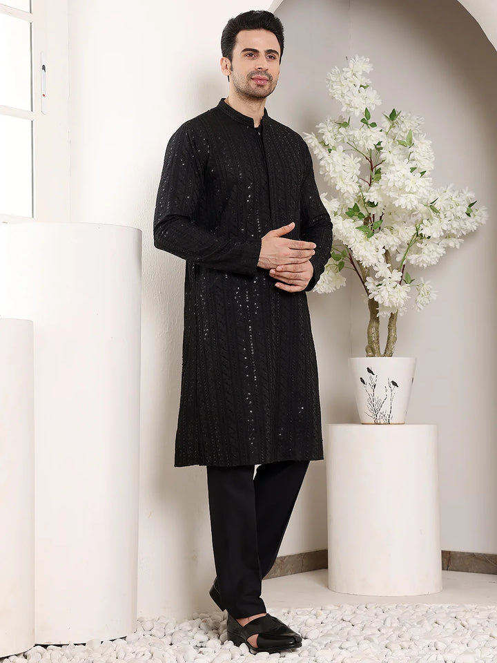 Men's Long Sleeve Mandarin Collar Elegant Black Straight Viscose Silk Kurta with Embroidery – Black