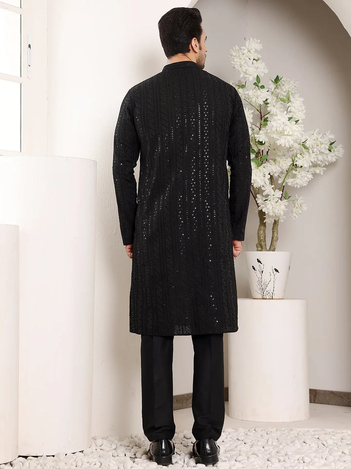 Men's Long Sleeve Mandarin Collar Elegant Black Straight Viscose Silk Kurta with Embroidery – Black