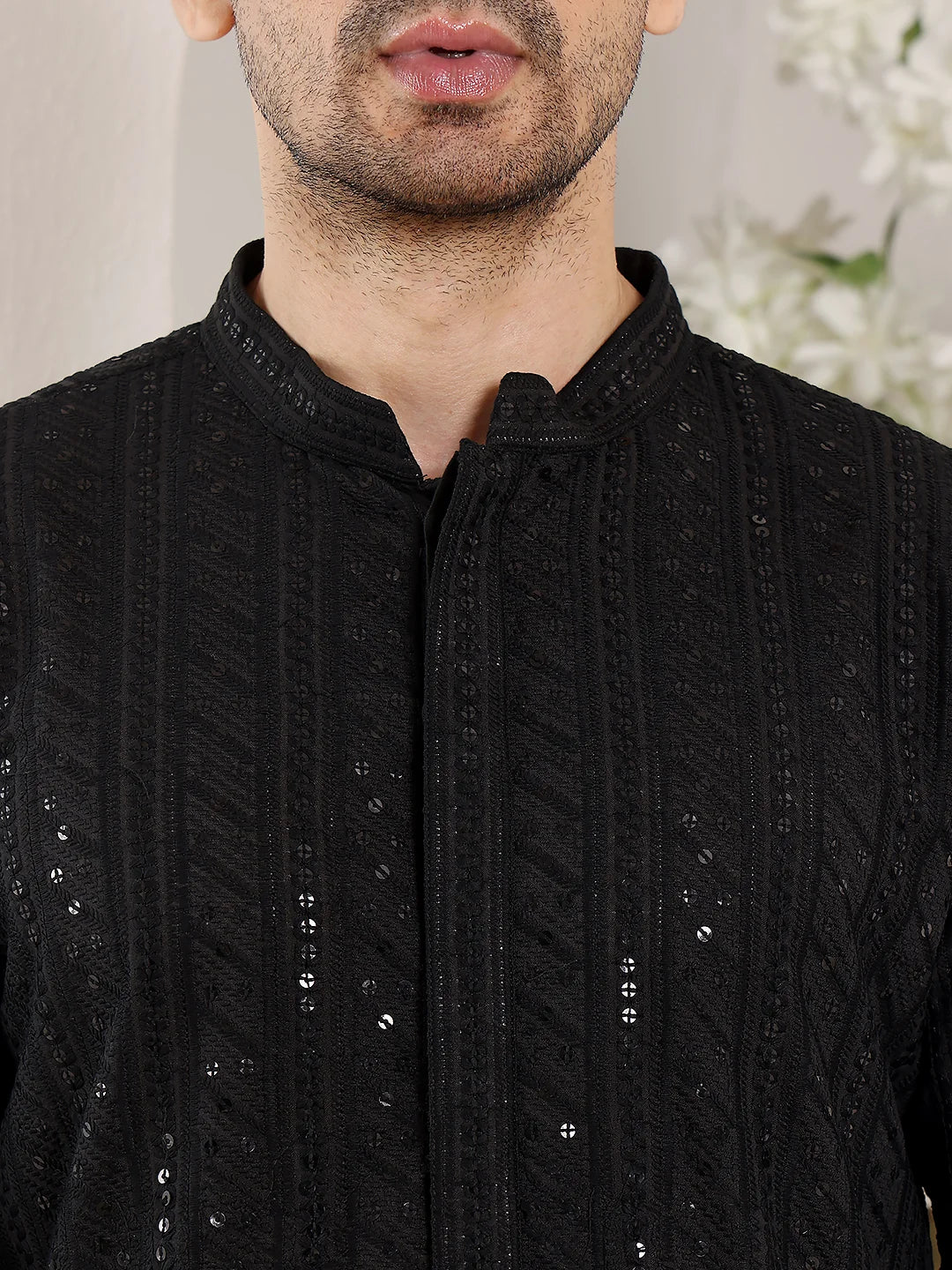 Men's Long Sleeve Mandarin Collar Elegant Black Straight Viscose Silk Kurta with Embroidery – Black