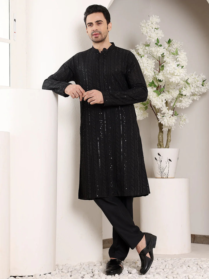 Men's Long Sleeve Mandarin Collar Elegant Black Straight Viscose Silk Kurta with Embroidery – Black