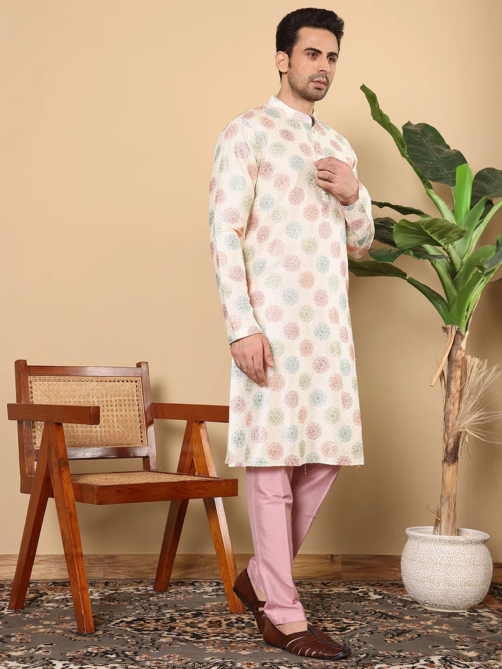 Men's Long Sleeve Mandarin Collar Elegant Cream Straight Viscose Dupion Silk Kurta with Embroidery – Cream,Pink