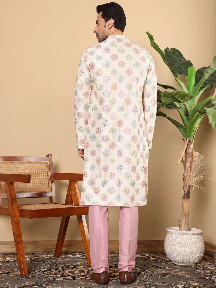 Men's Long Sleeve Mandarin Collar Elegant Cream Straight Viscose Dupion Silk Kurta with Embroidery – Cream,Pink