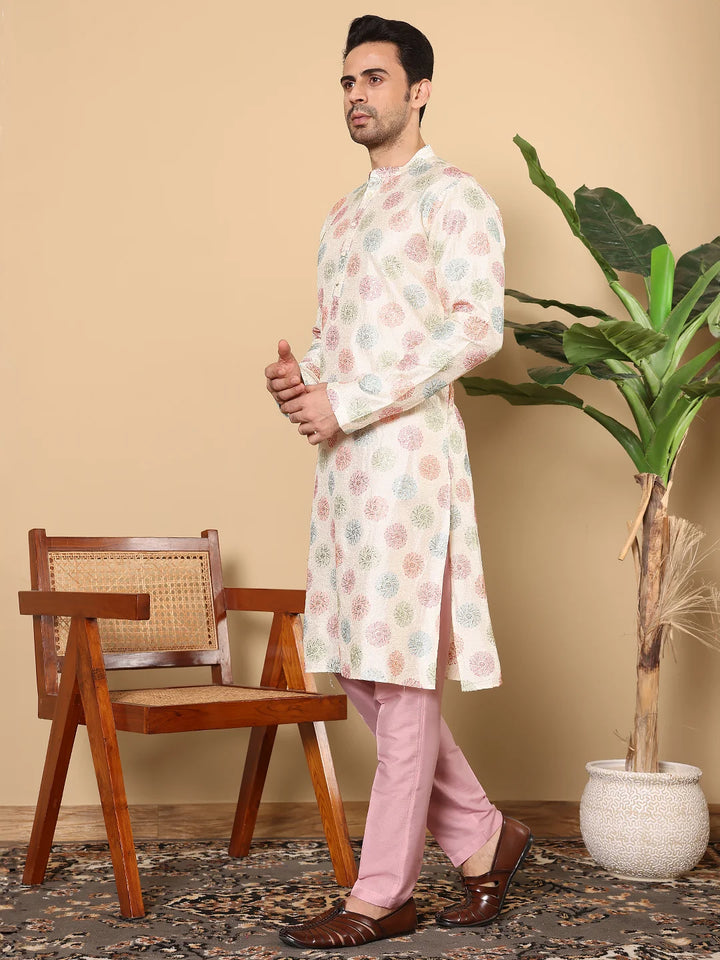 Men's Long Sleeve Mandarin Collar Elegant Cream Straight Viscose Dupion Silk Kurta with Embroidery – Cream,Pink