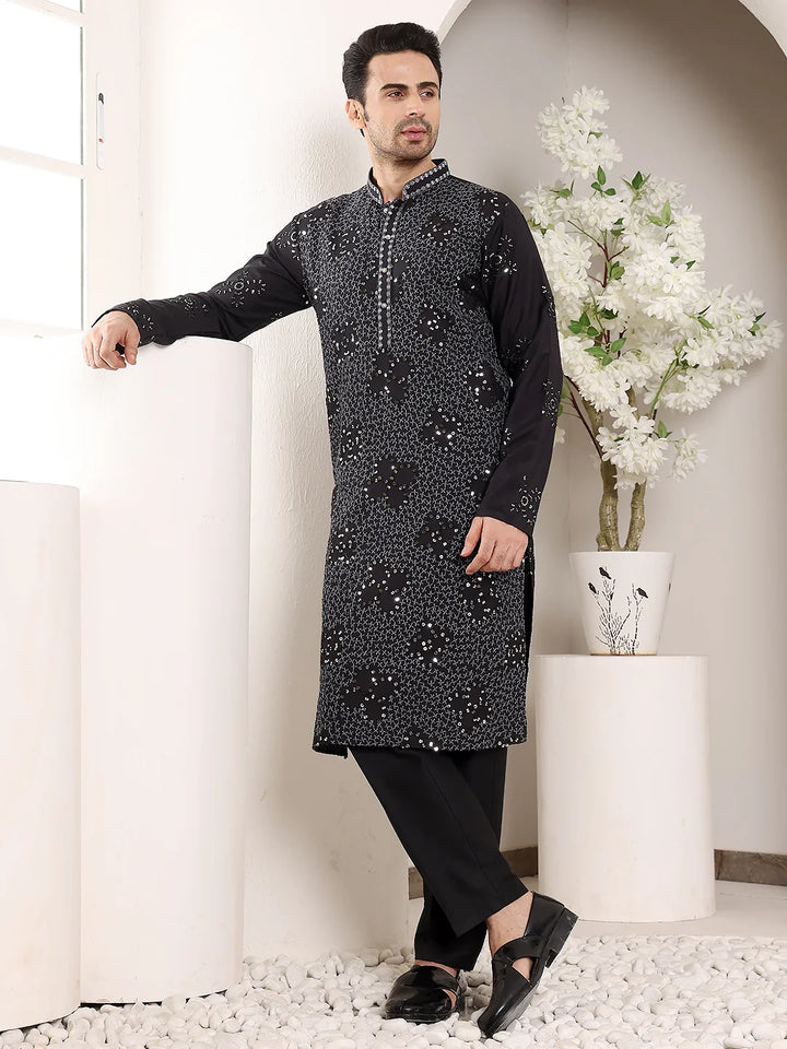 Men's Black Straight Rayon Silk Kurta with Embroidered Neckline and Motifs,Off White solid trouser style churidar
