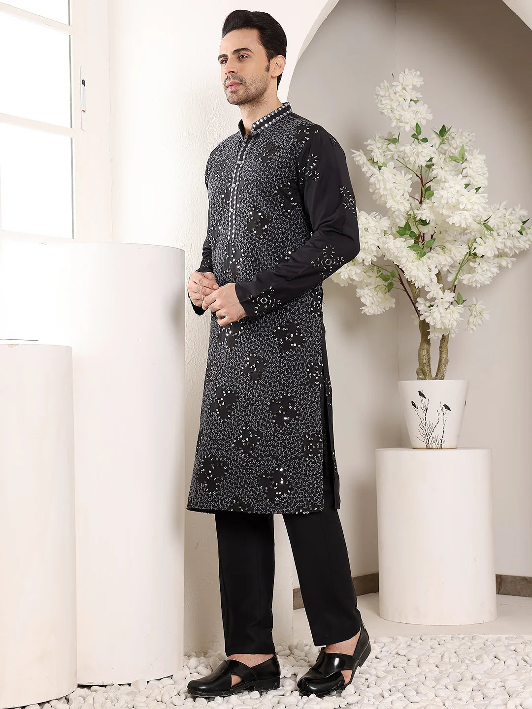 Men's Black Straight Rayon Silk Kurta with Embroidered Neckline and Motifs,Off White solid trouser style churidar