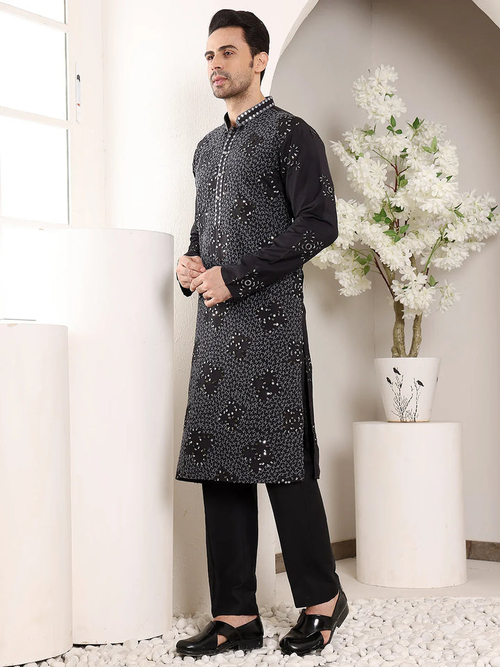 Men's Black Straight Rayon Silk Kurta with Embroidered Neckline and Motifs,Off White solid trouser style churidar