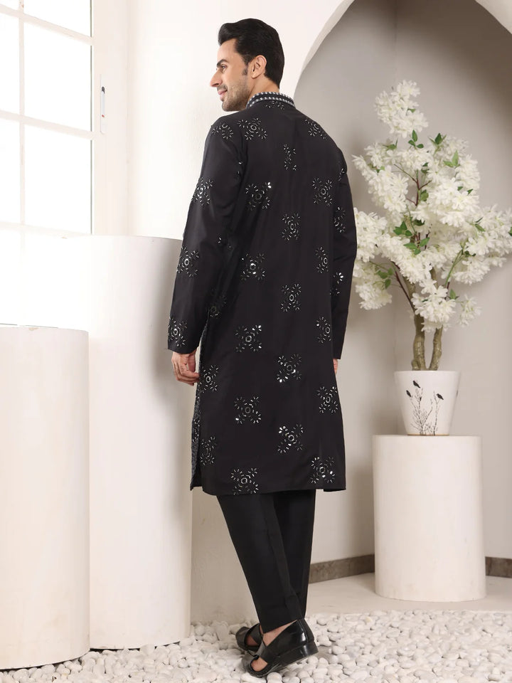 Men's Black Straight Rayon Silk Kurta with Embroidered Neckline and Motifs,Off White solid trouser style churidar