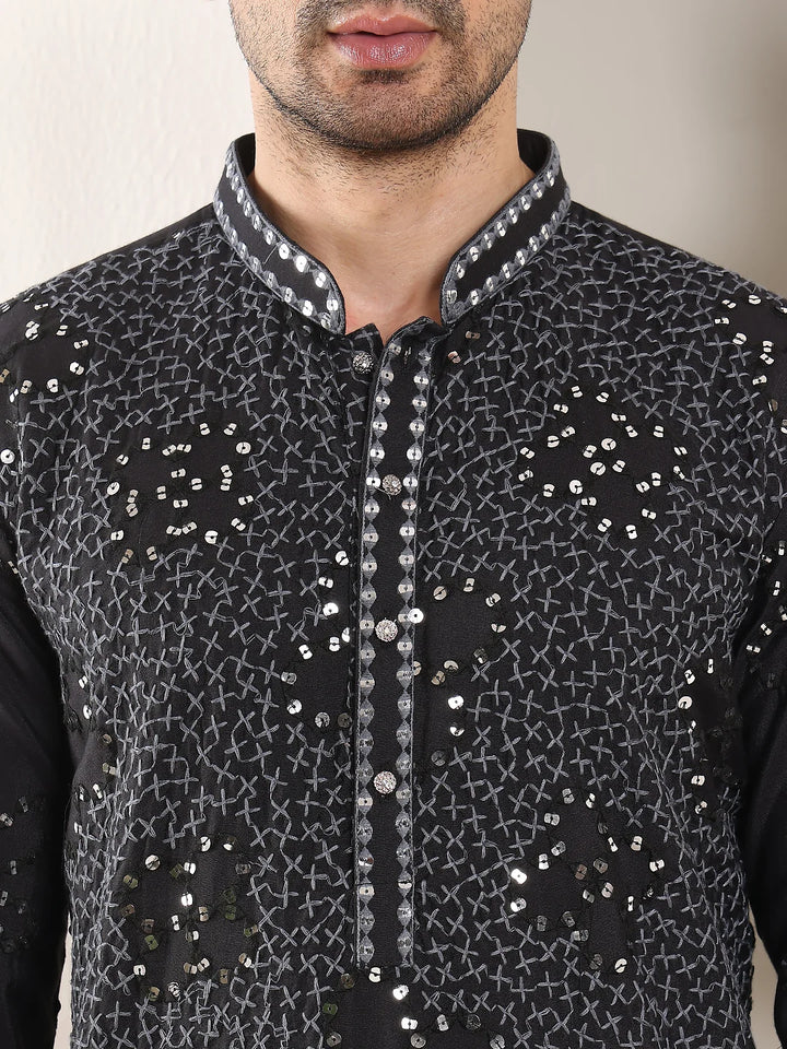Men's Black Straight Rayon Silk Kurta with Embroidered Neckline and Motifs,Off White solid trouser style churidar