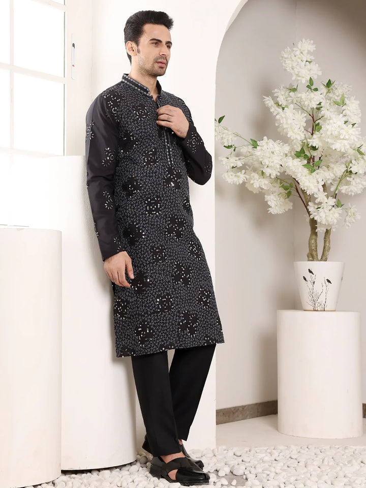 Men's Black Straight Rayon Silk Kurta with Embroidered Neckline and Motifs,Off White solid trouser style churidar