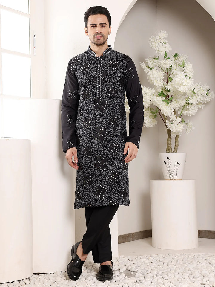 Men's Black Straight Rayon Silk Kurta with Embroidered Neckline and Motifs,Off White solid trouser style churidar