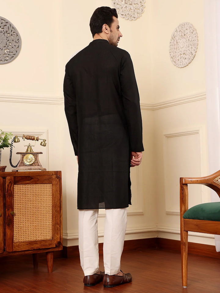 Men's Black Straight Viscose Silk kurta with Textured Effect,Cream solid trouser style churidar