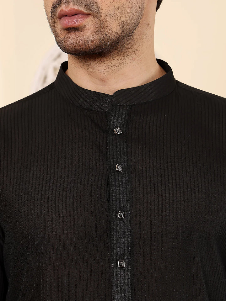 Men's Black Straight Viscose Silk kurta with Textured Effect,Cream solid trouser style churidar