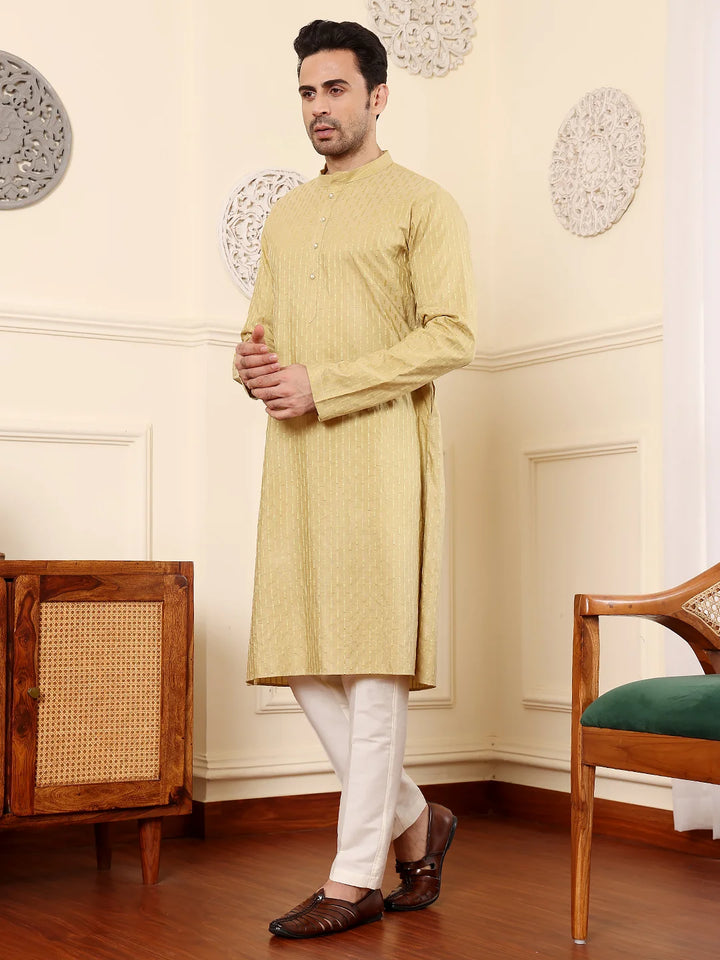 Men's Yellow Straight Rayon Silk kurta with Textured Effect,Cream solid trouser style churidar