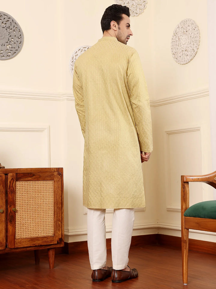 Men's Yellow Straight Rayon Silk kurta with Textured Effect,Cream solid trouser style churidar
