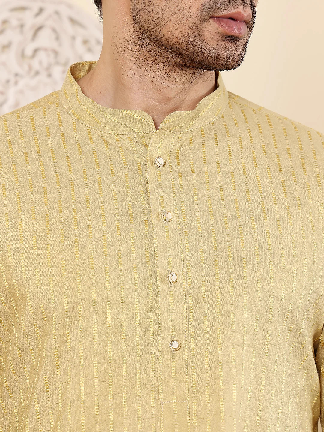 Men's Yellow Straight Rayon Silk kurta with Textured Effect,Cream solid trouser style churidar