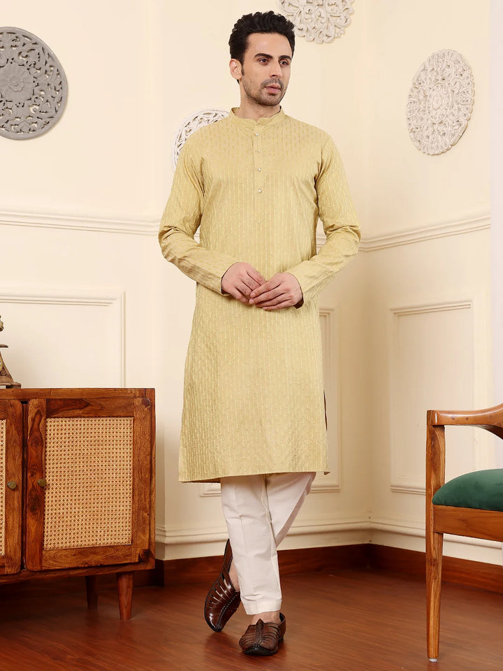 Men's Yellow Straight Rayon Silk kurta with Textured Effect,Cream solid trouser style churidar