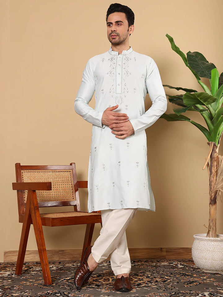 Men's Light Blue Straight Viscose Silk Kurta with Embroidered Neckline and Motifs,Cream Solid Trouser Style Churidar