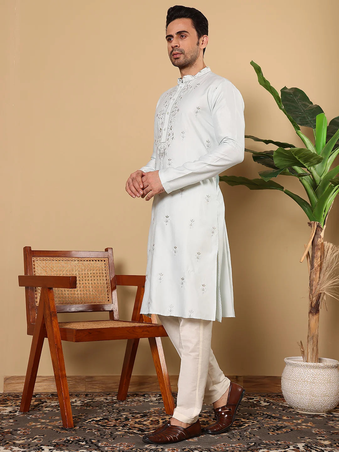 Men's Light Blue Straight Viscose Silk Kurta with Embroidered Neckline and Motifs,Cream Solid Trouser Style Churidar
