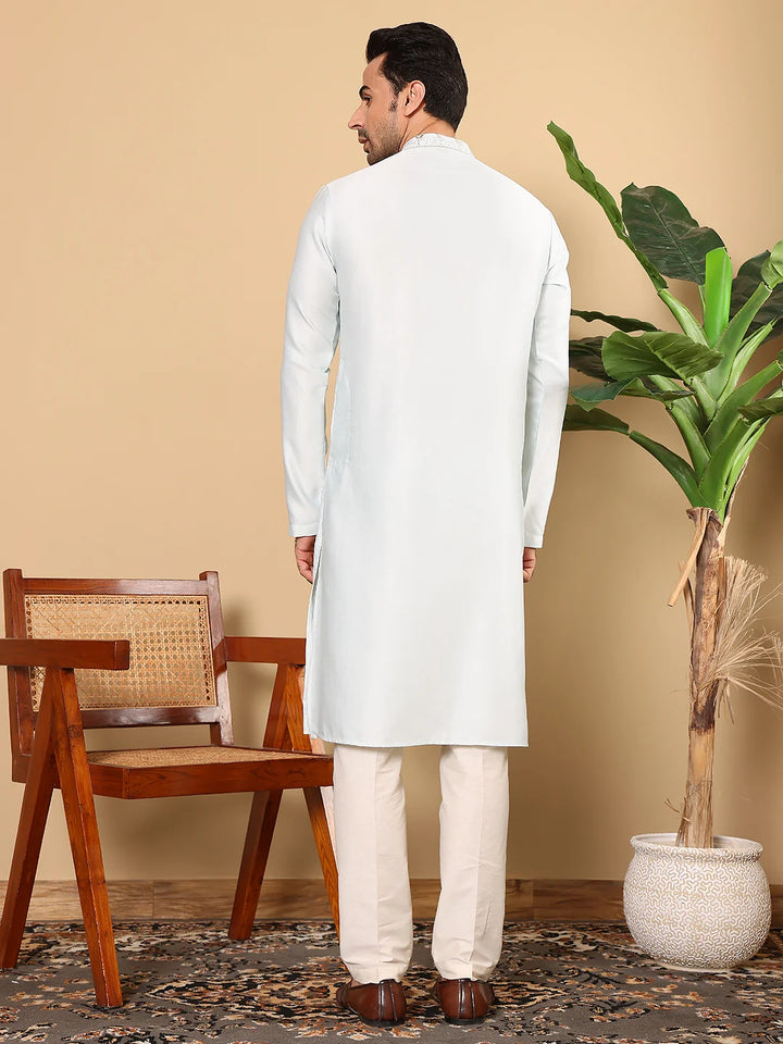 Men's Light Blue Straight Viscose Silk Kurta with Embroidered Neckline and Motifs,Cream Solid Trouser Style Churidar
