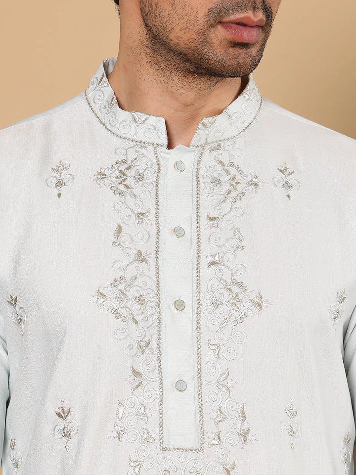 Men's Light Blue Straight Viscose Silk Kurta with Embroidered Neckline and Motifs,Cream Solid Trouser Style Churidar