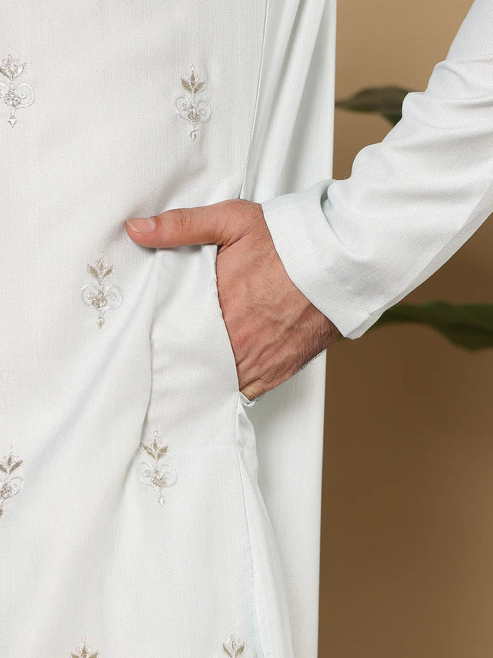 Men's Light Blue Straight Viscose Silk Kurta with Embroidered Neckline and Motifs,Cream Solid Trouser Style Churidar