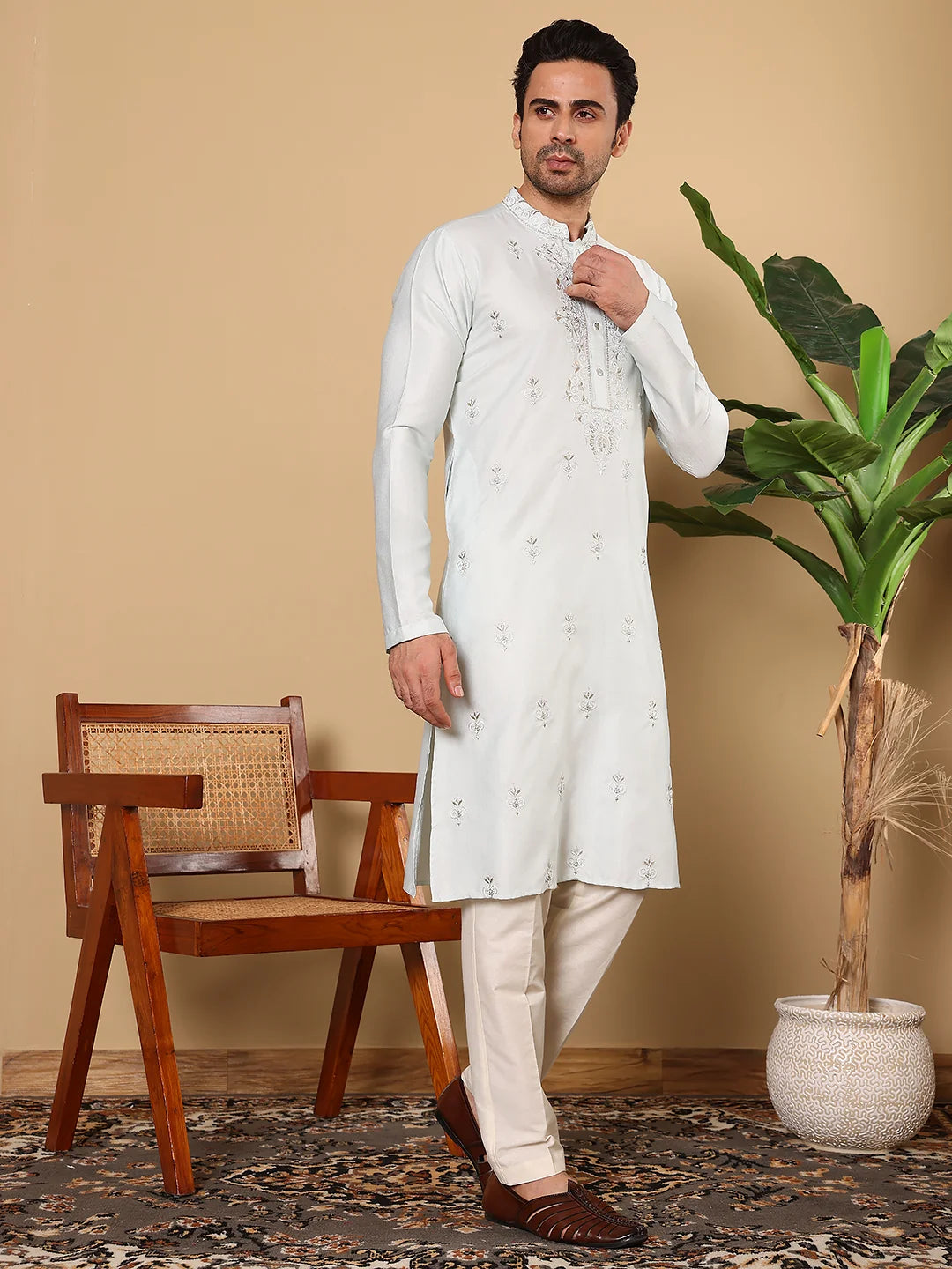Men's Light Blue Straight Viscose Silk Kurta with Embroidered Neckline and Motifs,Cream Solid Trouser Style Churidar