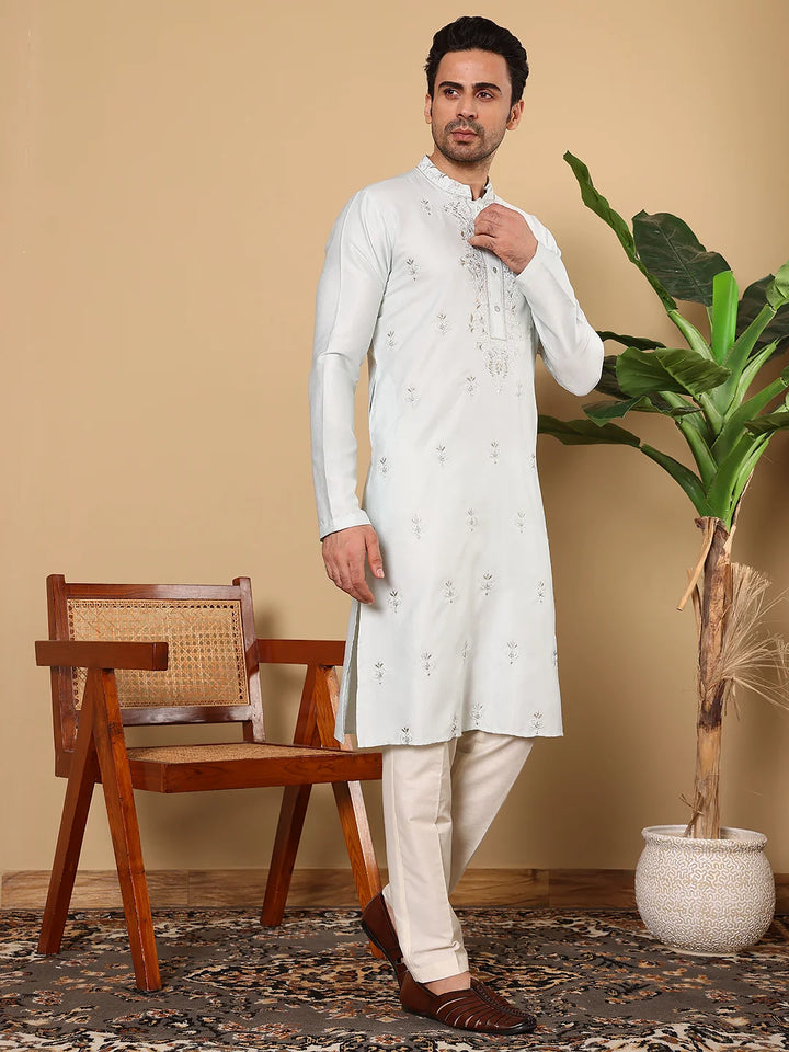 Men's Light Blue Straight Viscose Silk Kurta with Embroidered Neckline and Motifs,Cream Solid Trouser Style Churidar