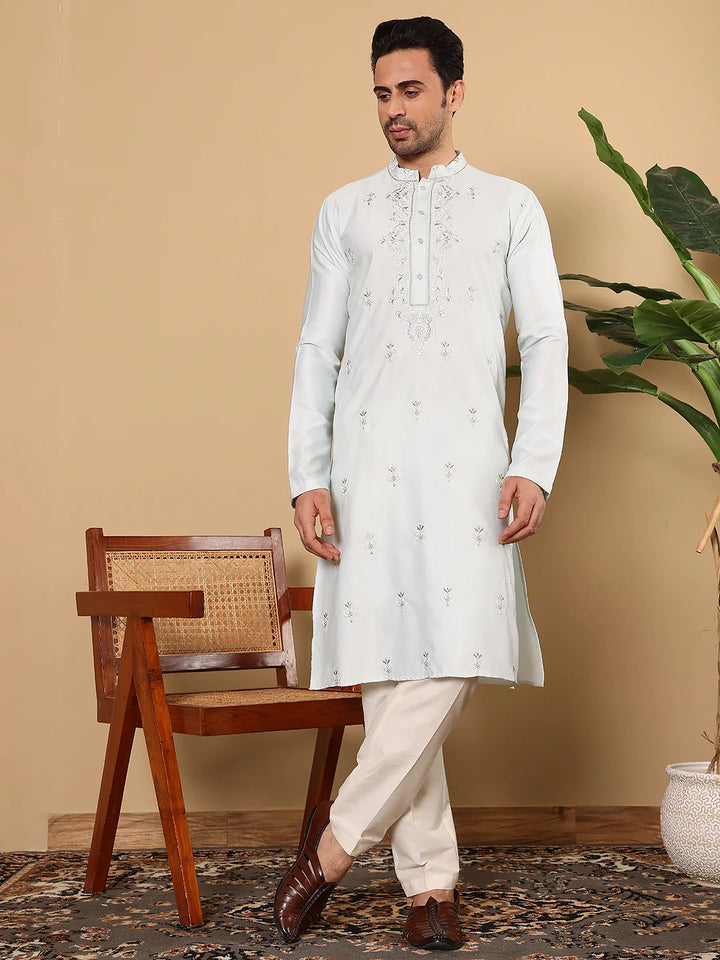 Men's Light Blue Straight Viscose Silk Kurta with Embroidered Neckline and Motifs,Cream Solid Trouser Style Churidar