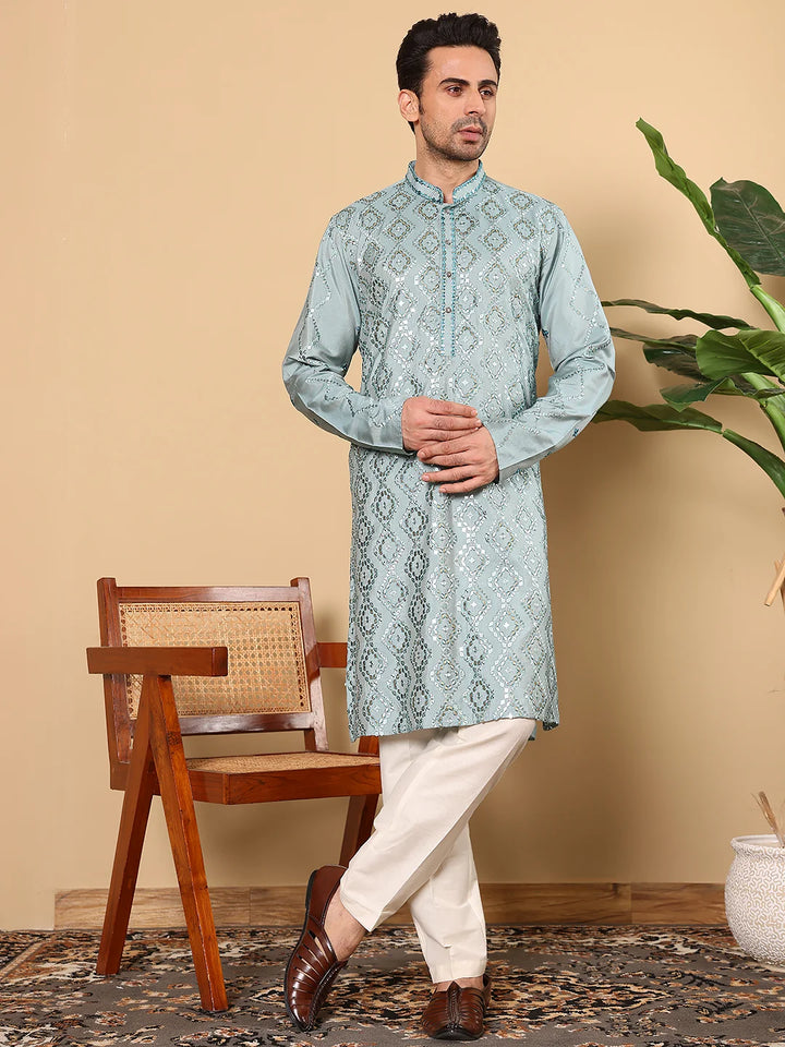 Men's Blue Straight Viscose Silk Kurta with Embroidered Neckline and Motifs,Cream Solid Trouser Style Churidar