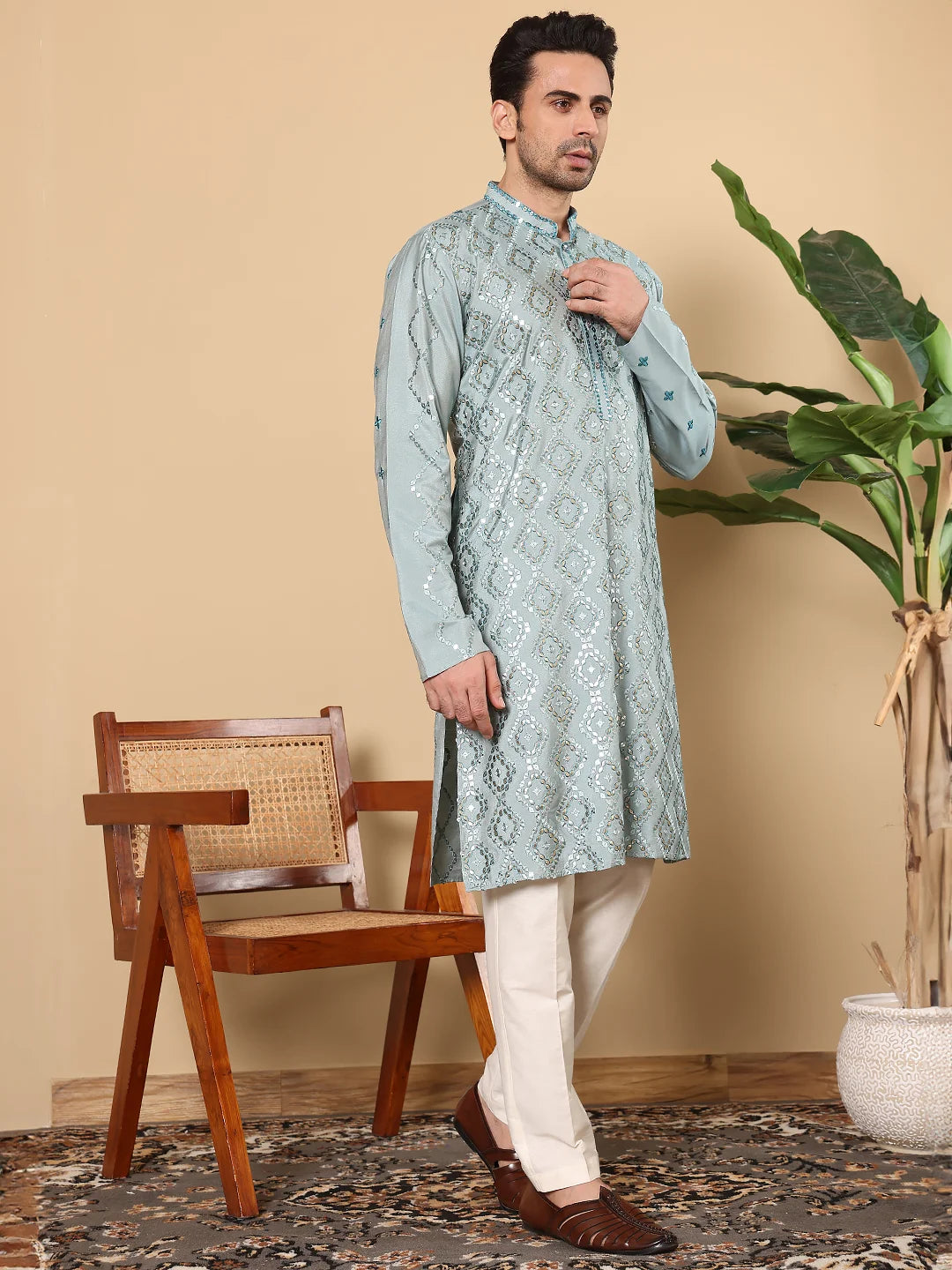 Men's Blue Straight Viscose Silk Kurta with Embroidered Neckline and Motifs,Cream Solid Trouser Style Churidar