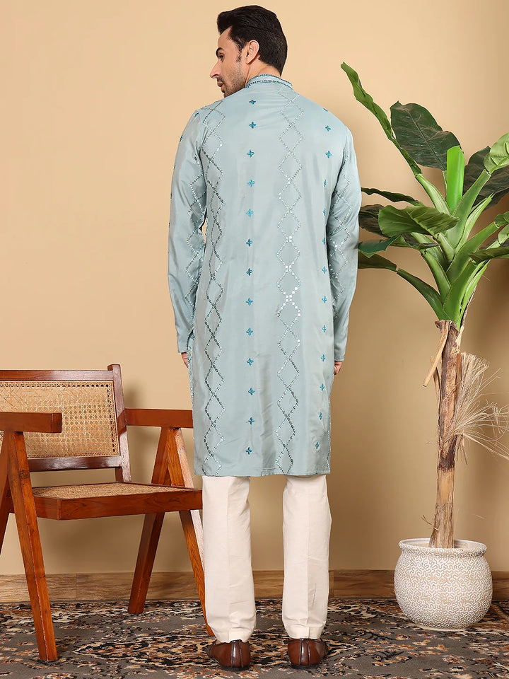 Men's Blue Straight Viscose Silk Kurta with Embroidered Neckline and Motifs,Cream Solid Trouser Style Churidar
