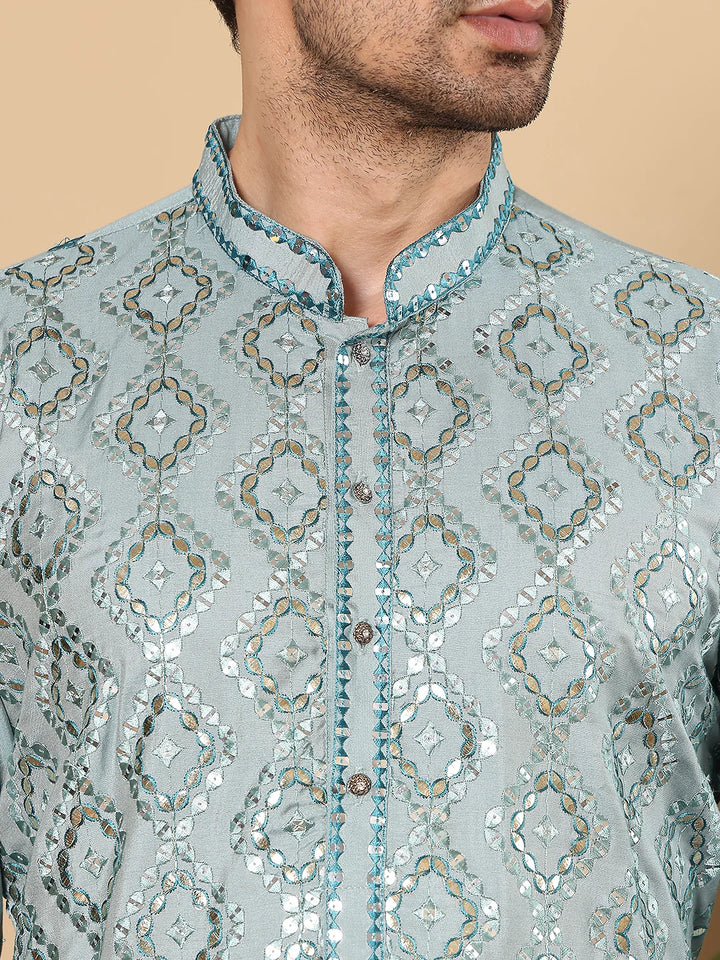 Men's Blue Straight Viscose Silk Kurta with Embroidered Neckline and Motifs,Cream Solid Trouser Style Churidar